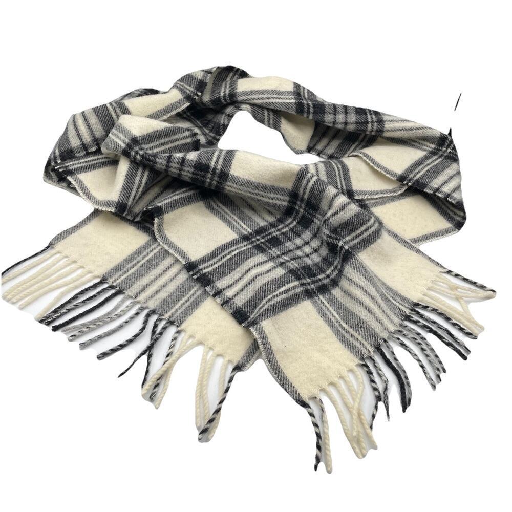 Moon 100% Merino Lambswool Scarf 9x72 Black Ivory Tartan Plaid Classic England